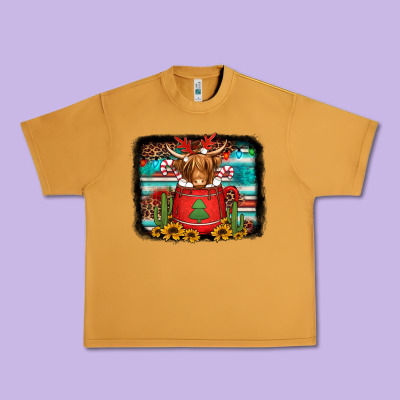Hot Coco Christmas Highland Cow With Background Urban Heavy Tee Designed By Jasminsmagicworld
