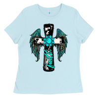 Baby Blue cross faith gemstone wings Ladies Tee - RanaPortraitStore