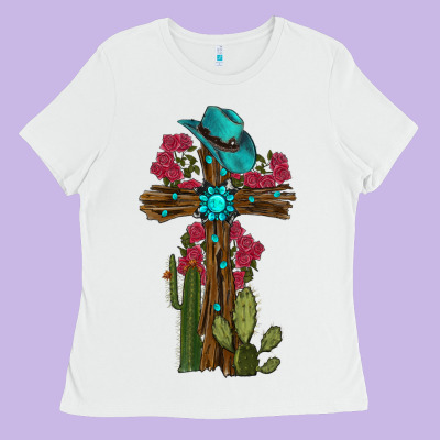 Cross Gemstone Cactus Roses Cowboy Hat Ladies Tee Designed By Ranaportraitstore