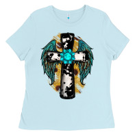Baby Blue cross gemstone wings Ladies Tee - RanaPortraitStore