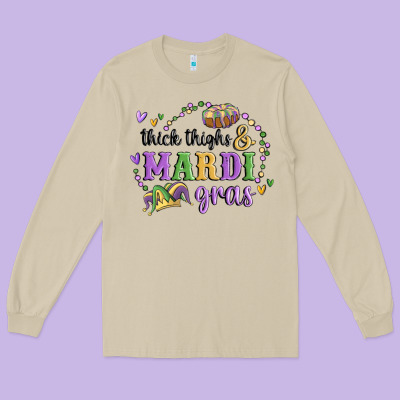 Thick Thighs Mardi Gras Long Sleeve Tee Designed By Maliassmallbusiness