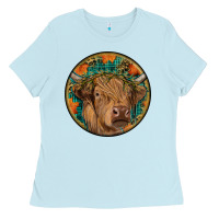 Baby Blue fall highland cow round Ladies Tee - RanaPortraitStore