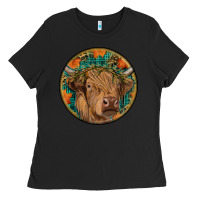 Black fall highland cow round Ladies Tee - RanaPortraitStore