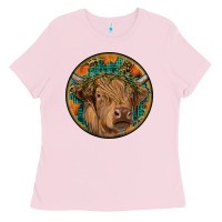 Bubblegum Pink fall highland cow round Ladies Tee - RanaPortraitStore