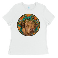 White fall highland cow round Ladies Tee - RanaPortraitStore