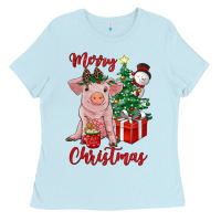 Baby Blue merry christmas pig Ladies Tee - RanaPortraitStore
