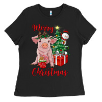 Black merry christmas pig Ladies Tee - RanaPortraitStore