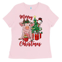 Bubblegum Pink merry christmas pig Ladies Tee - RanaPortraitStore