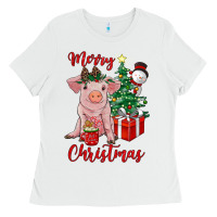 White merry christmas pig Ladies Tee - RanaPortraitStore