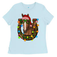 Baby Blue christmas horseshoe with horse Ladies Tee - RanaPortraitStore