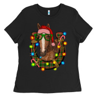 Black christmas horseshoe with horse Ladies Tee - RanaPortraitStore