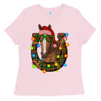 Bubblegum Pink christmas horseshoe with horse Ladies Tee - RanaPortraitStore