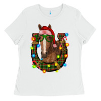White christmas horseshoe with horse Ladies Tee - RanaPortraitStore