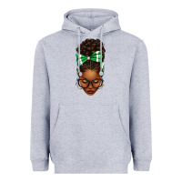 Heather Grey Afro Messy Bun Green and White Bow Heavyweight Hoodie - texasbilliewilder