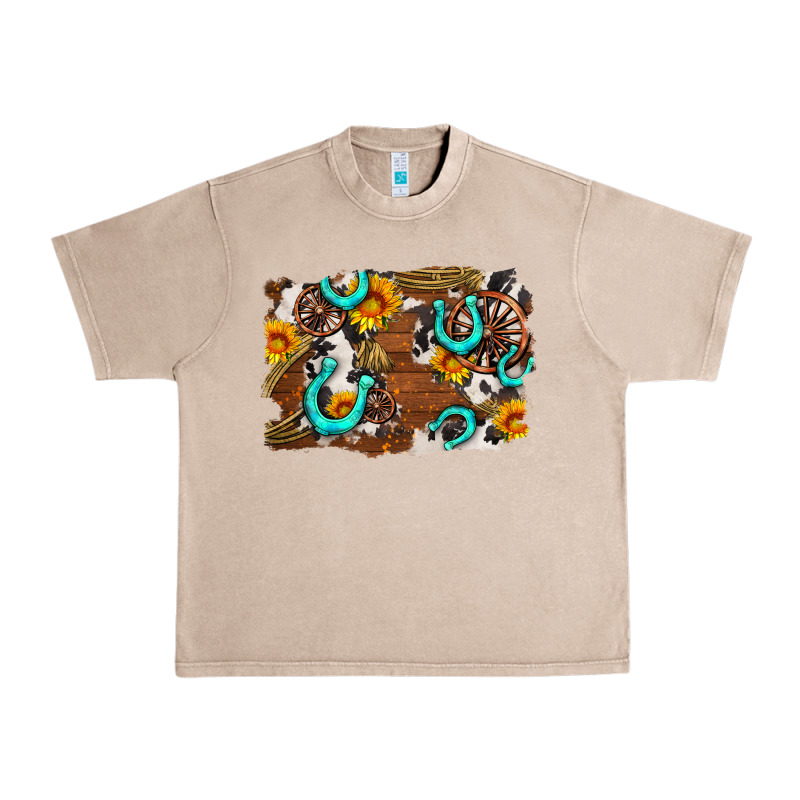 Western Cowhide Horseshoe Sunflower Background Urban Heavy Tee by AdoDesignShop | Teevron