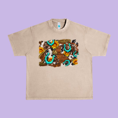 Western Cowhide Horseshoe Sunflower Background Urban Heavy Tee Designed By Adodesignshop