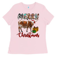 Bubblegum Pink Texas Longhorn Merry Christmas Ladies Tee - RanaPortraitStore