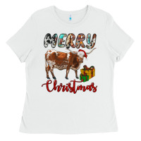 White Texas Longhorn Merry Christmas Ladies Tee - RanaPortraitStore