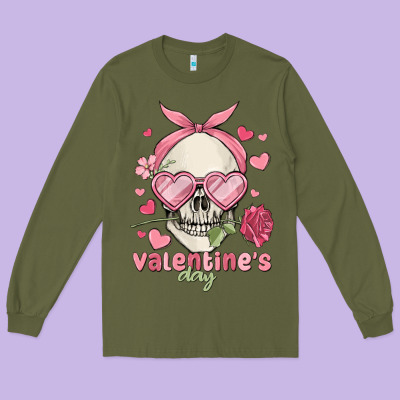 Valentine's Day Skull Long Sleeve Tee Designed By Maliassmallbusiness