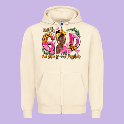 With God All Things Are Possible Black Woman Zipper Hoodie Designed By Lillyallendesigns
