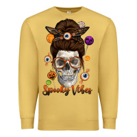 Antique Gold Spooky Vibes Skull Messy Bun Premium Sweatshirt - texasbilliewilder