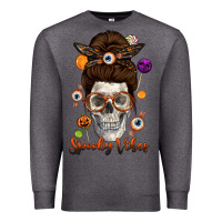 Charcoal Heather Spooky Vibes Skull Messy Bun Premium Sweatshirt - texasbilliewilder