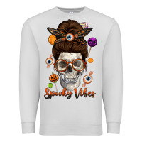 Dove Grey Spooky Vibes Skull Messy Bun Premium Sweatshirt - texasbilliewilder