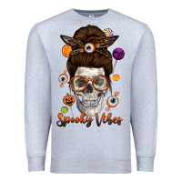 Heather Grey Spooky Vibes Skull Messy Bun Premium Sweatshirt - texasbilliewilder