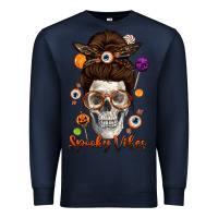 Navy Spooky Vibes Skull Messy Bun Premium Sweatshirt - texasbilliewilder