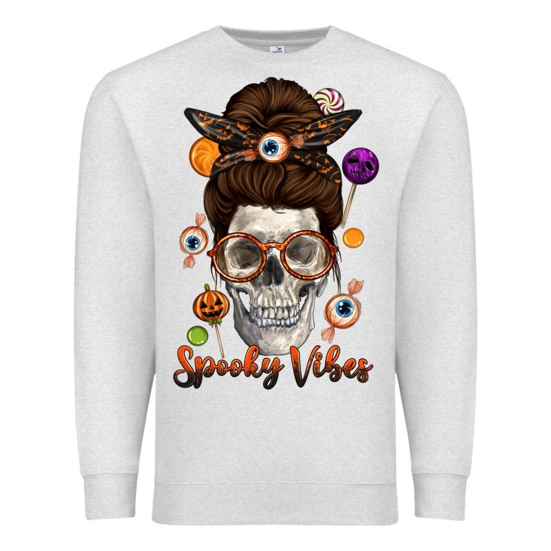 Spooky Vibes Skull Messy Bun Premium Sweatshirt by texasbilliewilder | Teevron