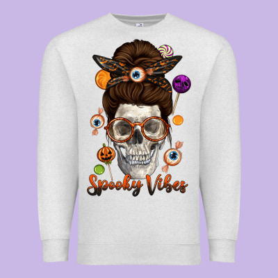 Spooky Vibes Skull Messy Bun Premium Sweatshirt Designed By Texasbilliewilder
