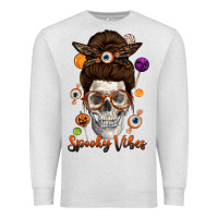 Oatmeal Heather Spooky Vibes Skull Messy Bun Premium Sweatshirt - texasbilliewilder