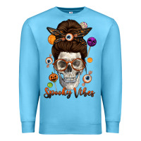 Ocean Blue Spooky Vibes Skull Messy Bun Premium Sweatshirt - texasbilliewilder