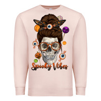 Pale Pink Spooky Vibes Skull Messy Bun Premium Sweatshirt - texasbilliewilder