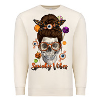 Sandshell Spooky Vibes Skull Messy Bun Premium Sweatshirt - texasbilliewilder