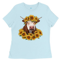 Baby Blue hereford cow with sunflowers Ladies Tee - RanaPortraitStore