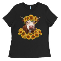 Black hereford cow with sunflowers Ladies Tee - RanaPortraitStore