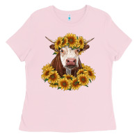 Bubblegum Pink hereford cow with sunflowers Ladies Tee - RanaPortraitStore