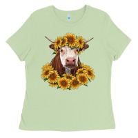 Matcha hereford cow with sunflowers Ladies Tee - RanaPortraitStore