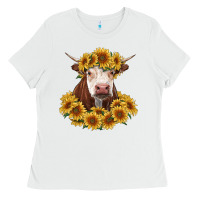 White hereford cow with sunflowers Ladies Tee - RanaPortraitStore