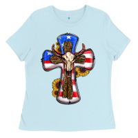 Baby Blue american flag cross cow skull sunflowers Ladies Tee - RanaPortraitStore
