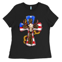 Black american flag cross cow skull sunflowers Ladies Tee - RanaPortraitStore
