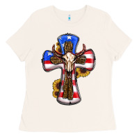 Bone american flag cross cow skull sunflowers Ladies Tee - RanaPortraitStore
