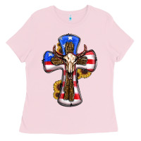 Bubblegum Pink american flag cross cow skull sunflowers Ladies Tee - RanaPortraitStore