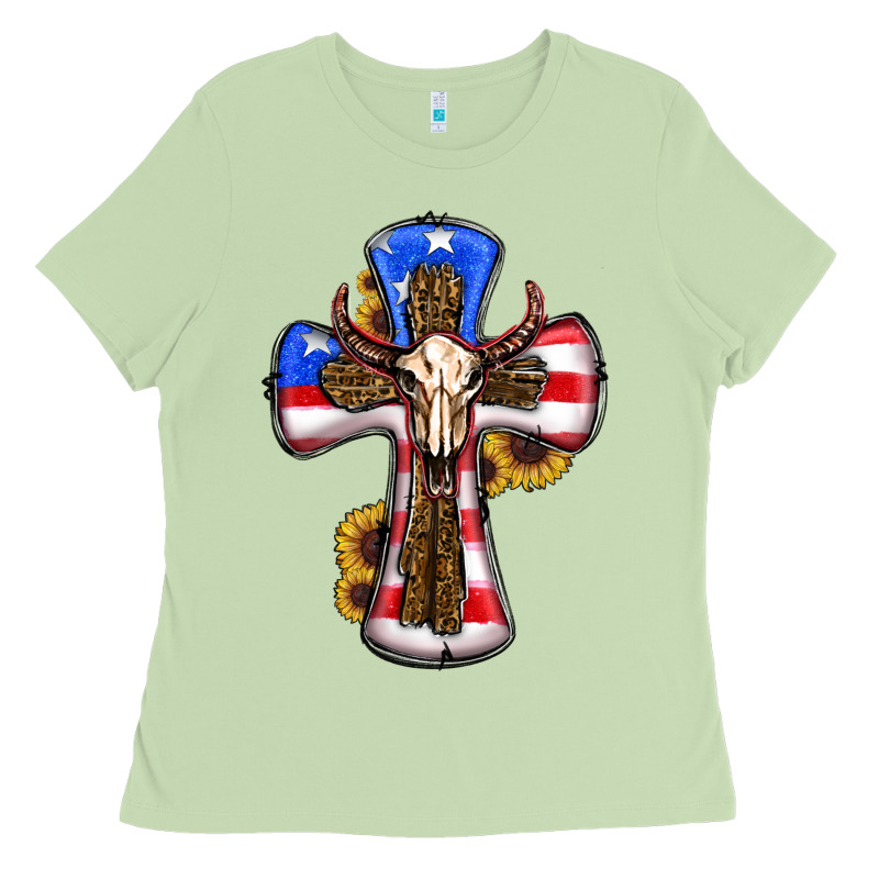 American Flag Cross Cow Skull Sunflowers Ladies Tee by RanaPortraitStore | Teevron