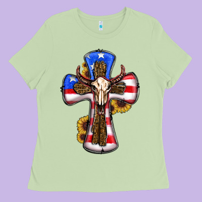 American Flag Cross Cow Skull Sunflowers Ladies Tee Designed By Ranaportraitstore