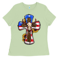 Matcha american flag cross cow skull sunflowers Ladies Tee - RanaPortraitStore