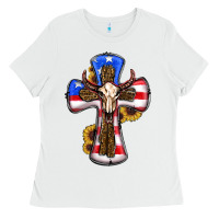 White american flag cross cow skull sunflowers Ladies Tee - RanaPortraitStore