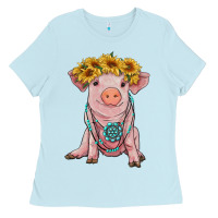 Baby Blue sunflower pig with gemstone Ladies Tee - RanaPortraitStore