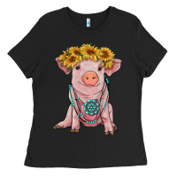 Black sunflower pig with gemstone Ladies Tee - RanaPortraitStore
